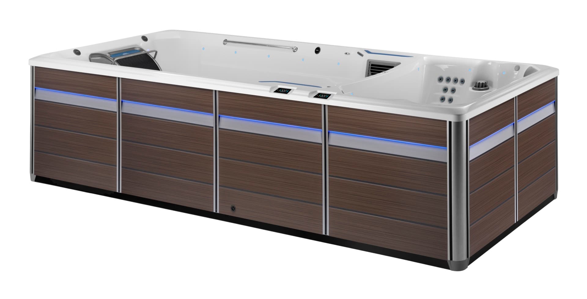 Endless Pools E2000 dual-zone swim spa — three-quarter studio view
