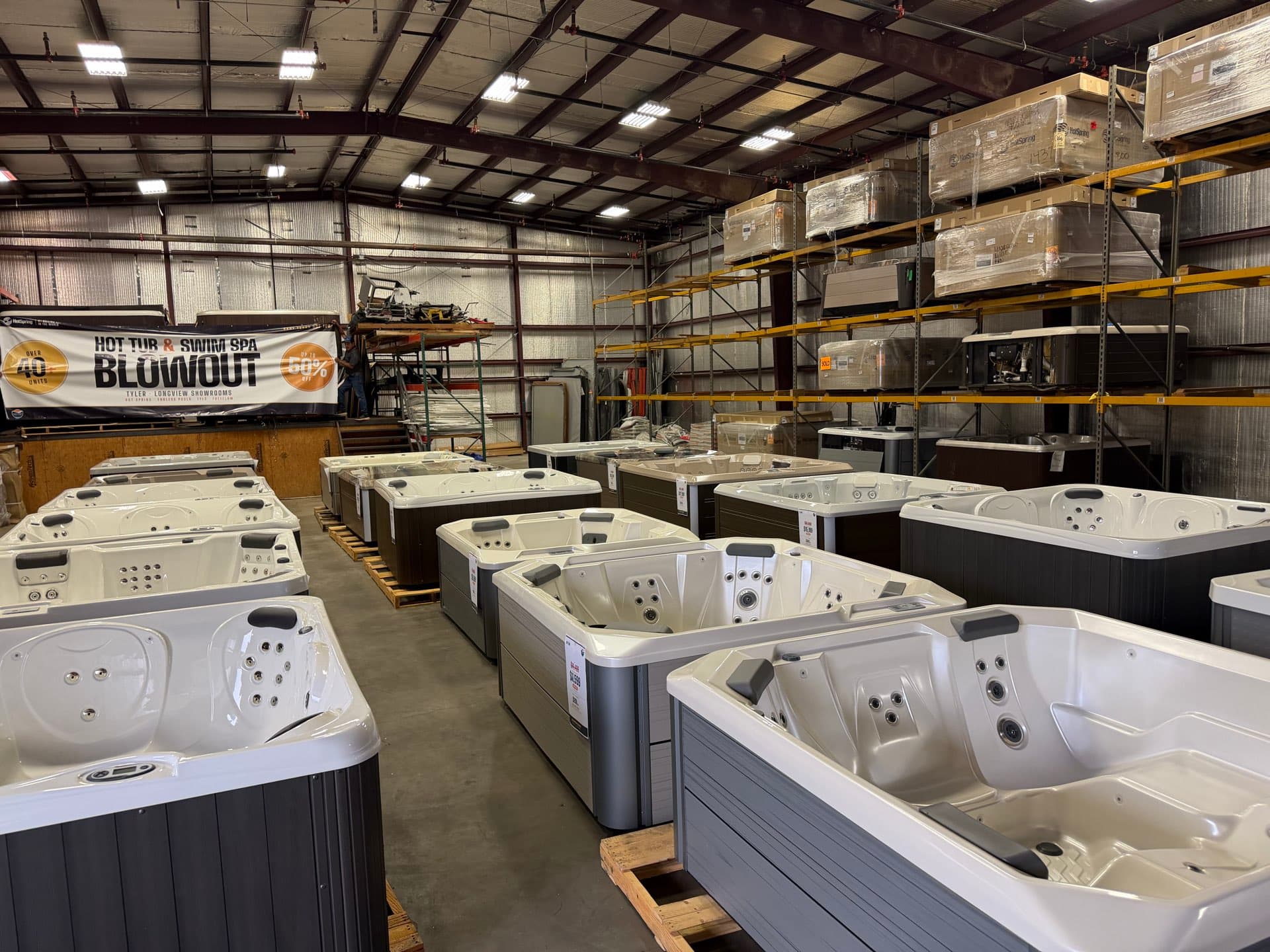 East Texas Hot Tub Expo — warehouse full of Hot Spring tubs ready to soak